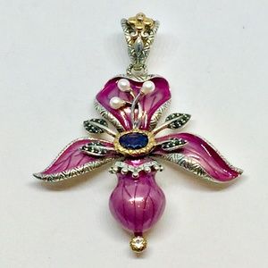 Barbara Bixby Enameled Gemstone Orchid Pendant